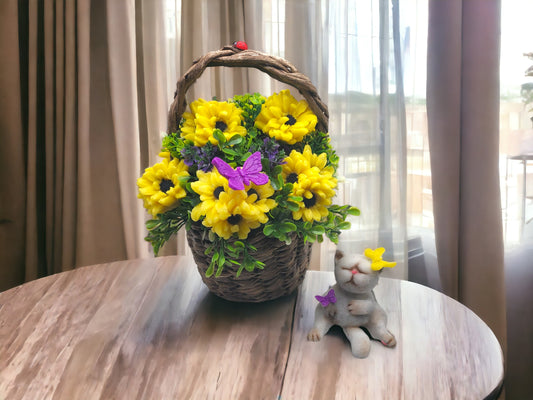 Sunflowers Soap in Wicker Basket and Lazy Cat Figure