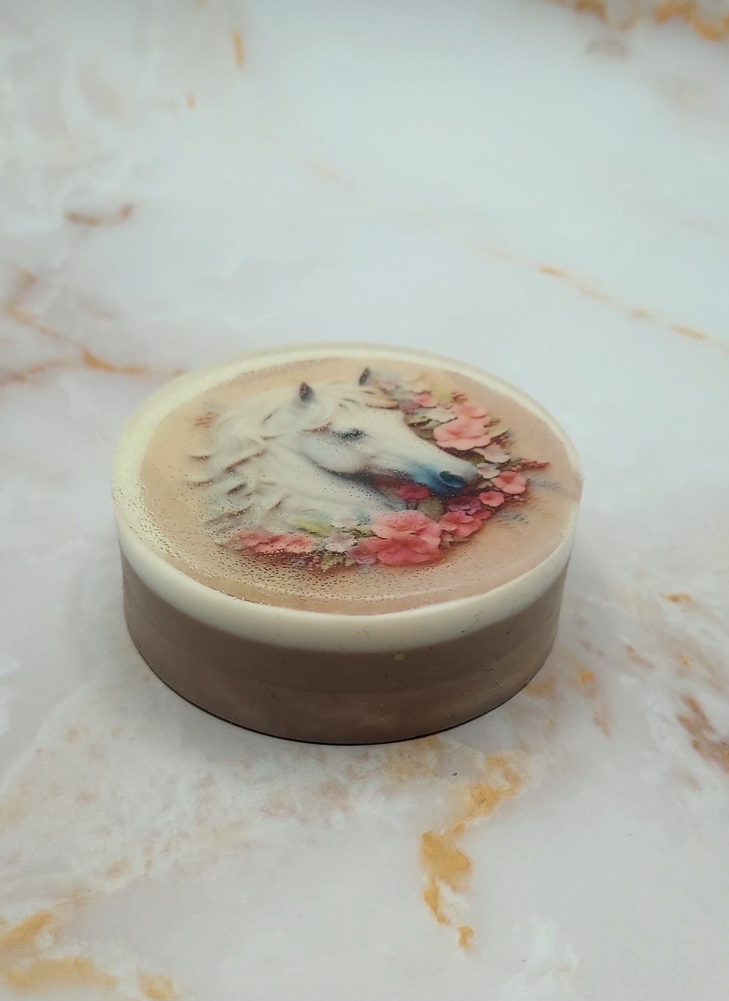 Equine Elegance: White Horse Bliss Soap with Pink Floral Harmony