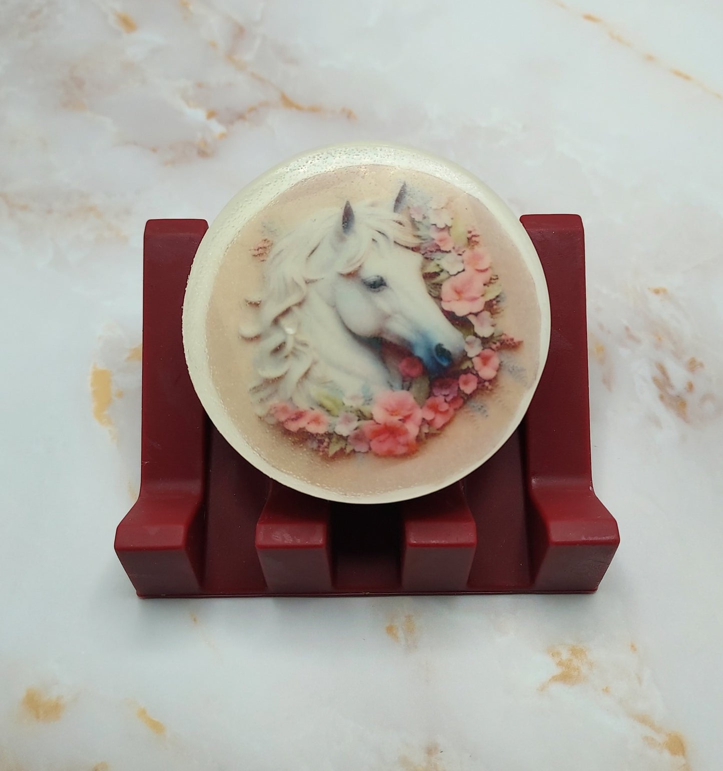 Equine Elegance: White Horse Bliss Soap with Pink Floral Harmony