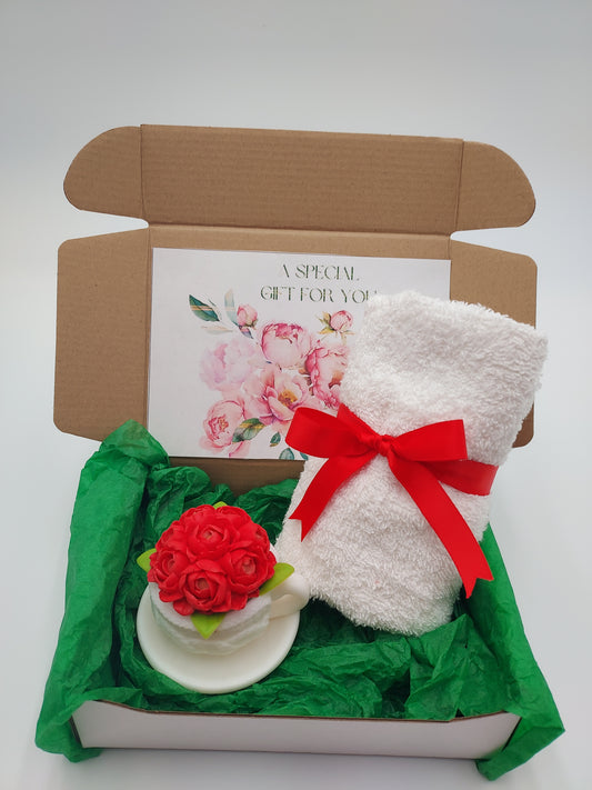 Handcrafted Shea Butter Glycerin Teacup Soap and Towel Spa Set - Floral Scent