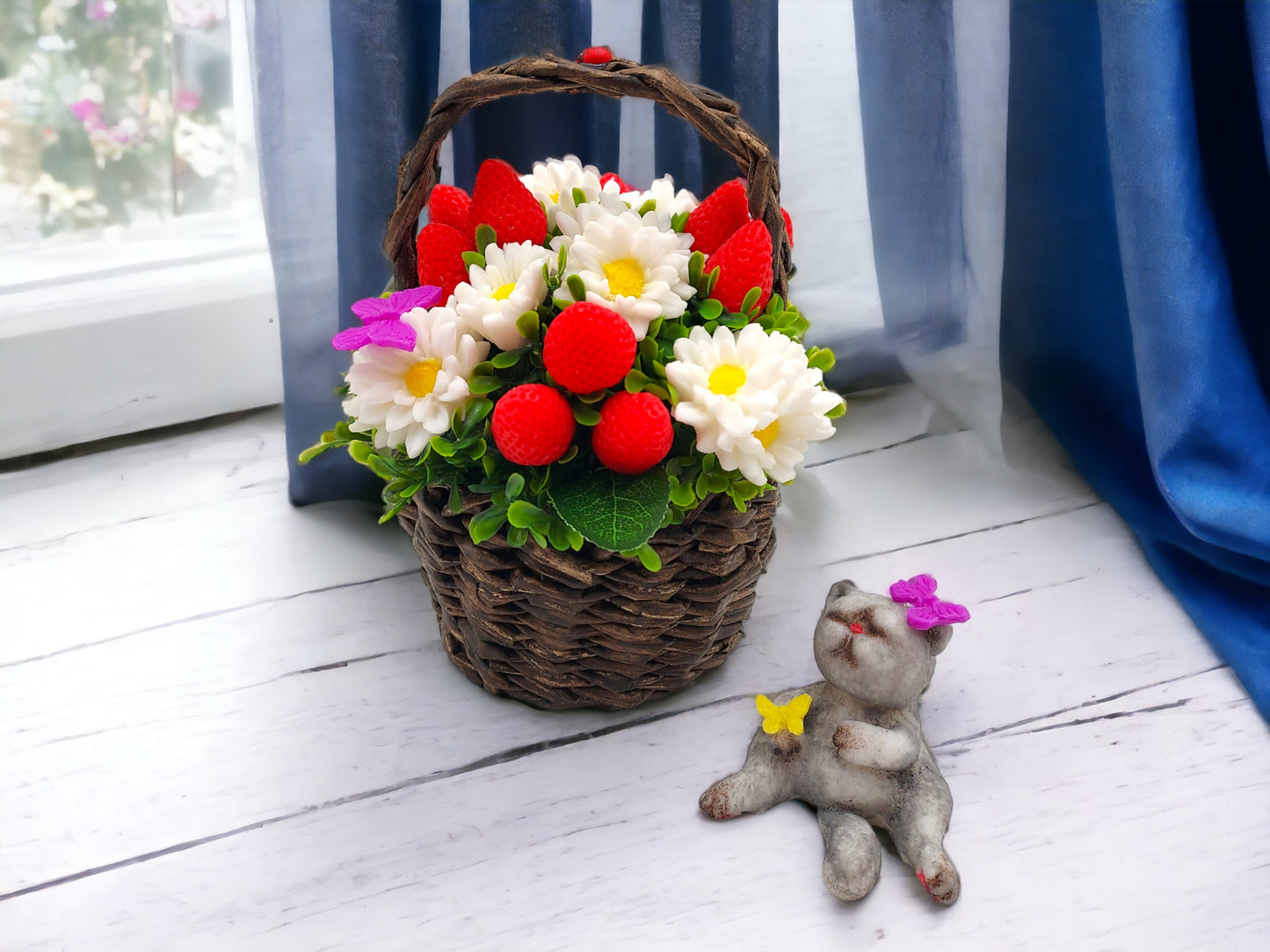 Berry Bliss Soap Bouquet with Chamomile in Handmade Basket