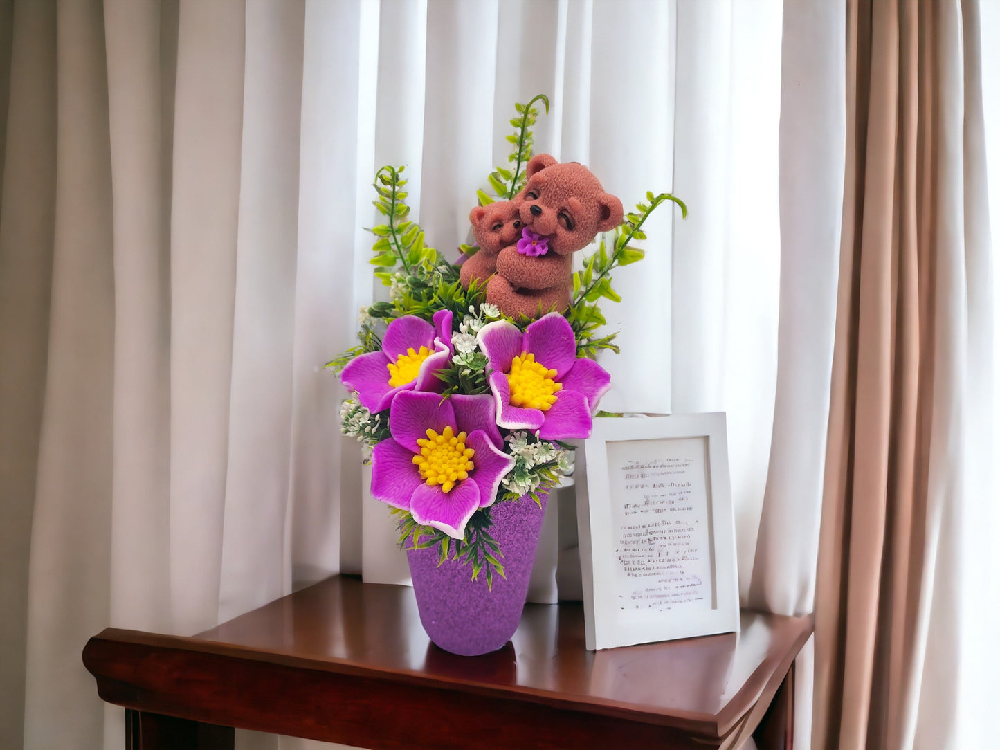 Purple Soap Bouquet Featuring a Bear Mom Embracing her Baby