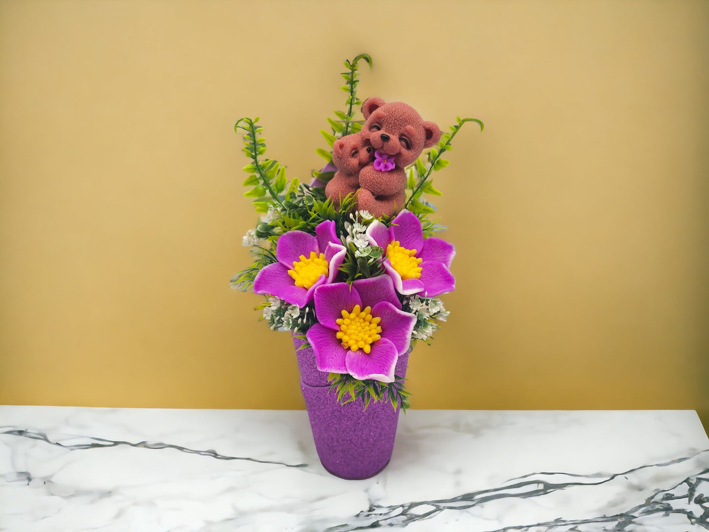 Purple Soap Bouquet Featuring a Bear Mom Embracing her Baby