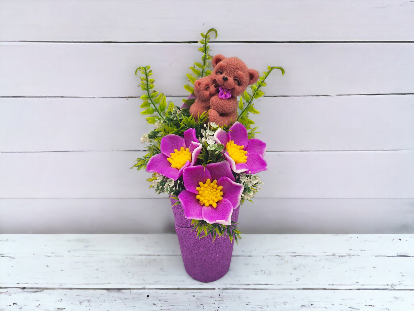 Purple Soap Bouquet Featuring a Bear Mom Embracing her Baby