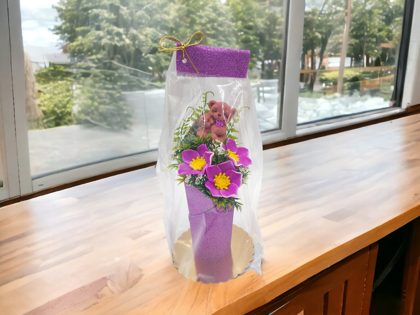 Purple Soap Bouquet Featuring a Bear Mom Embracing her Baby