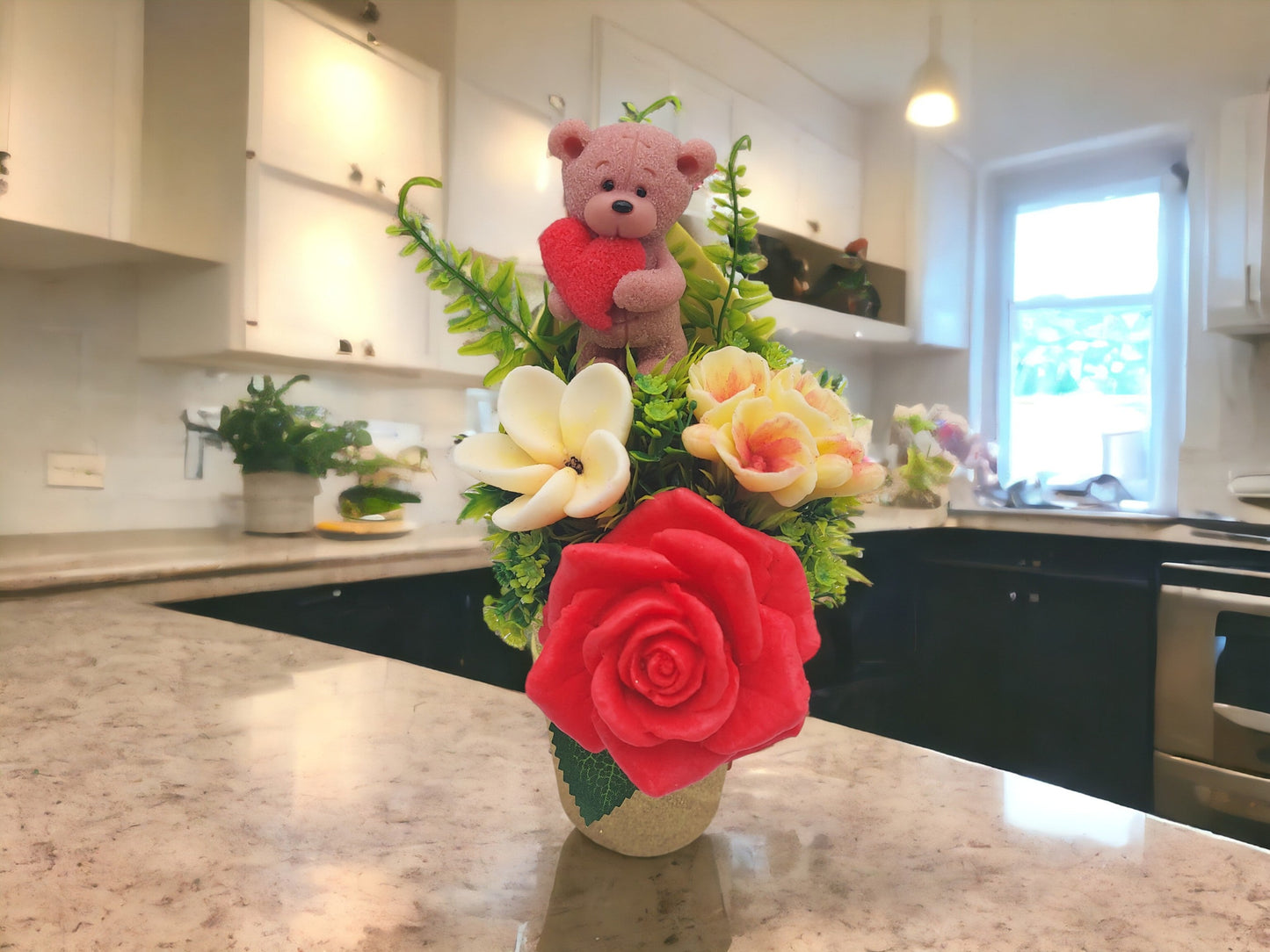 Artisan Soap Bouquet with Bear Figure: Red Heart Accent with Red Rose