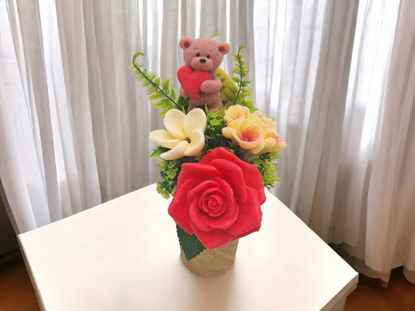 Artisan Soap Bouquet with Bear Figure: Red Heart Accent with Red Rose