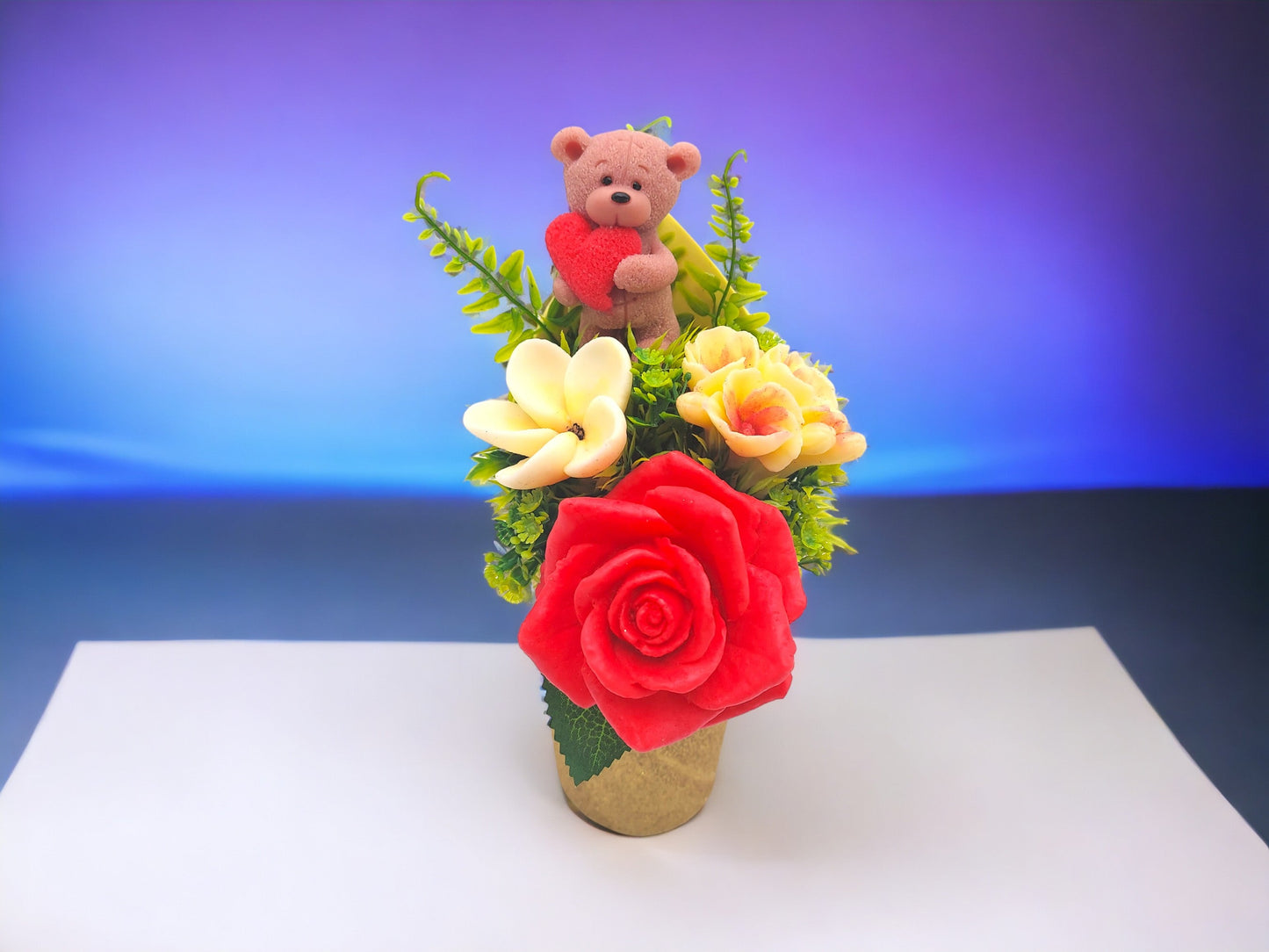 Artisan Soap Bouquet with Bear Figure: Red Heart Accent with Red Rose