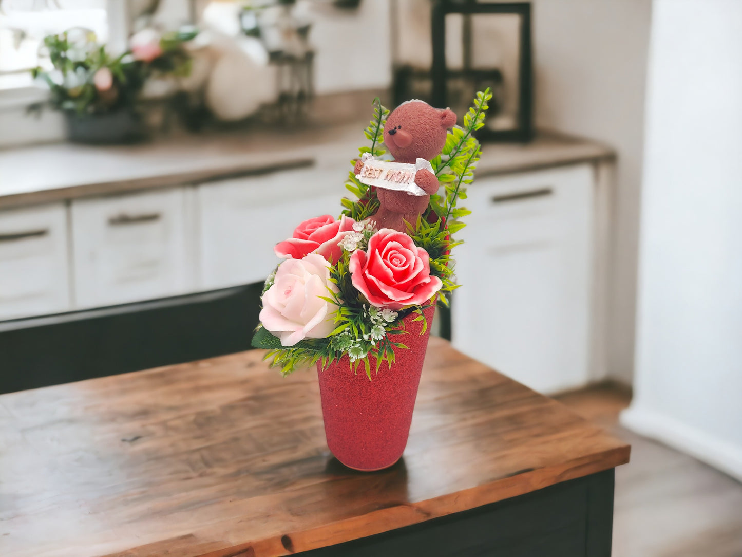 Light Pink Soap Bouquet with Bear Figure: Best Mom Sign