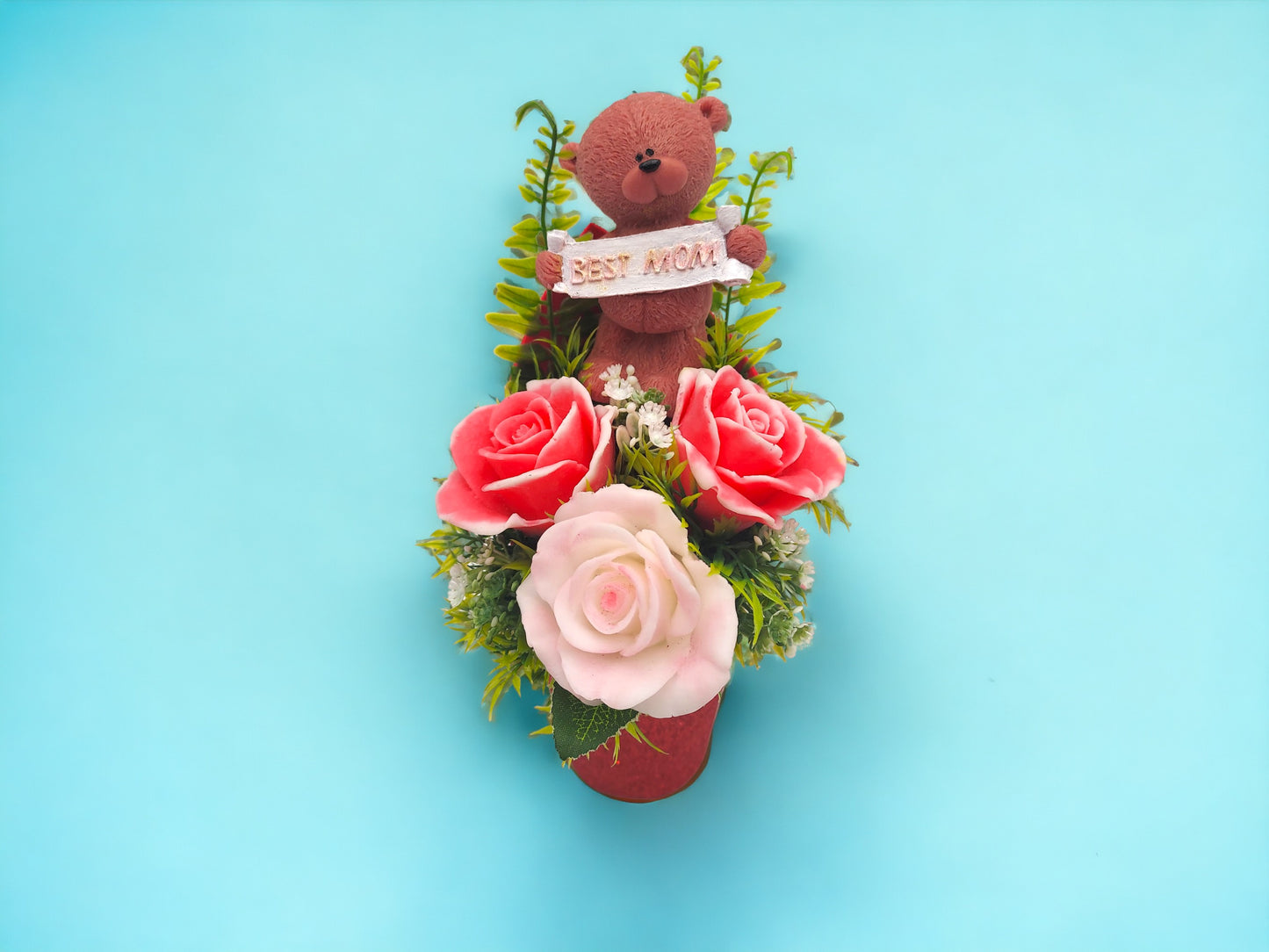 Light Pink Soap Bouquet with Bear Figure: Best Mom Sign