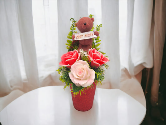 Light Pink Soap Bouquet with Bear Figure: Best Mom Sign