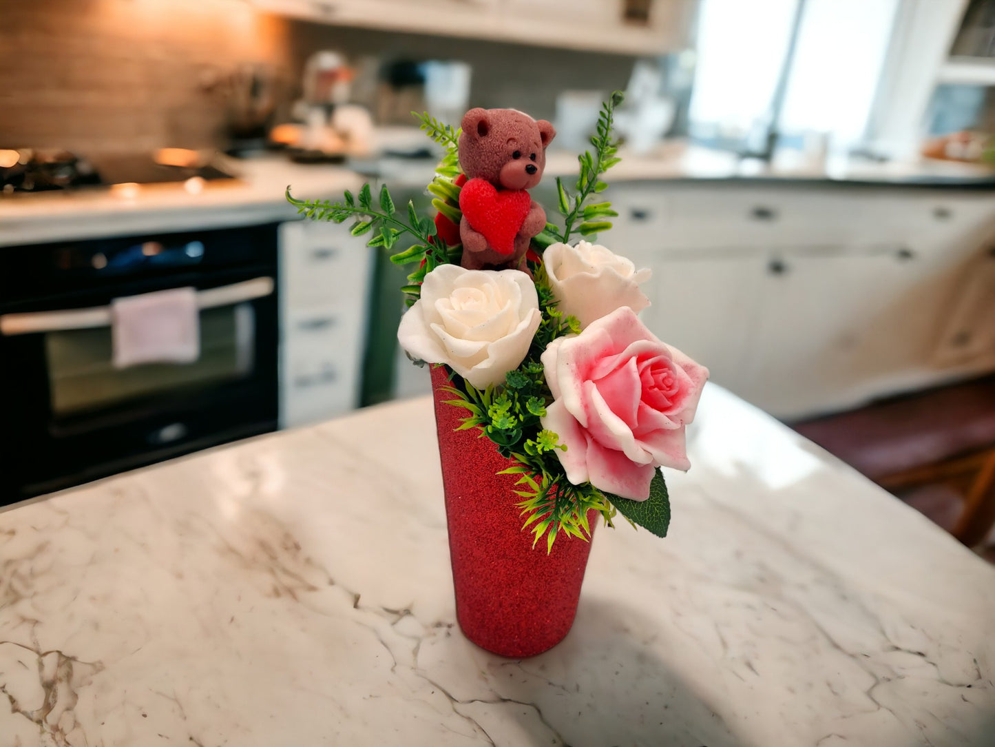 Soap Bouquet with Bear & Red Heart Accent with Pink Rose