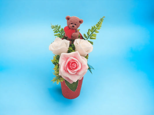 Soap Bouquet with Bear & Red Heart Accent with Pink Rose