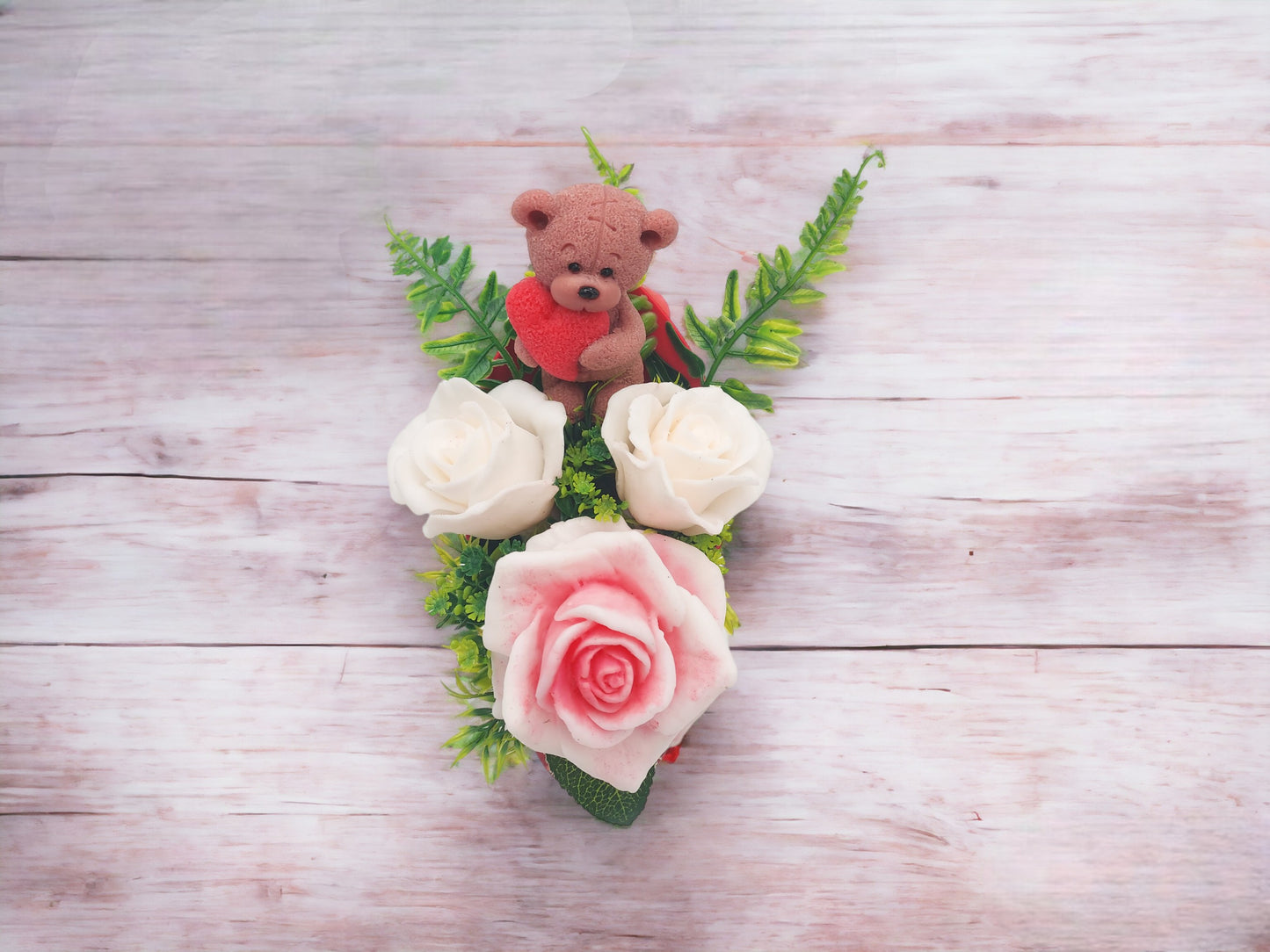 Soap Bouquet with Bear & Red Heart Accent with Pink Rose