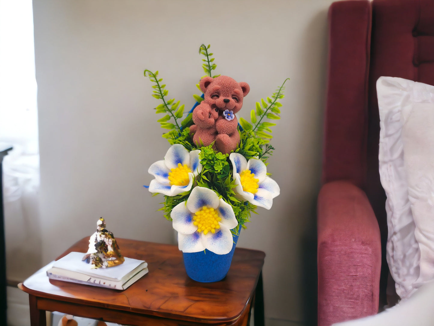 Light Blue Soap Bouquet Featuring a Bear Mom Embracing her Baby