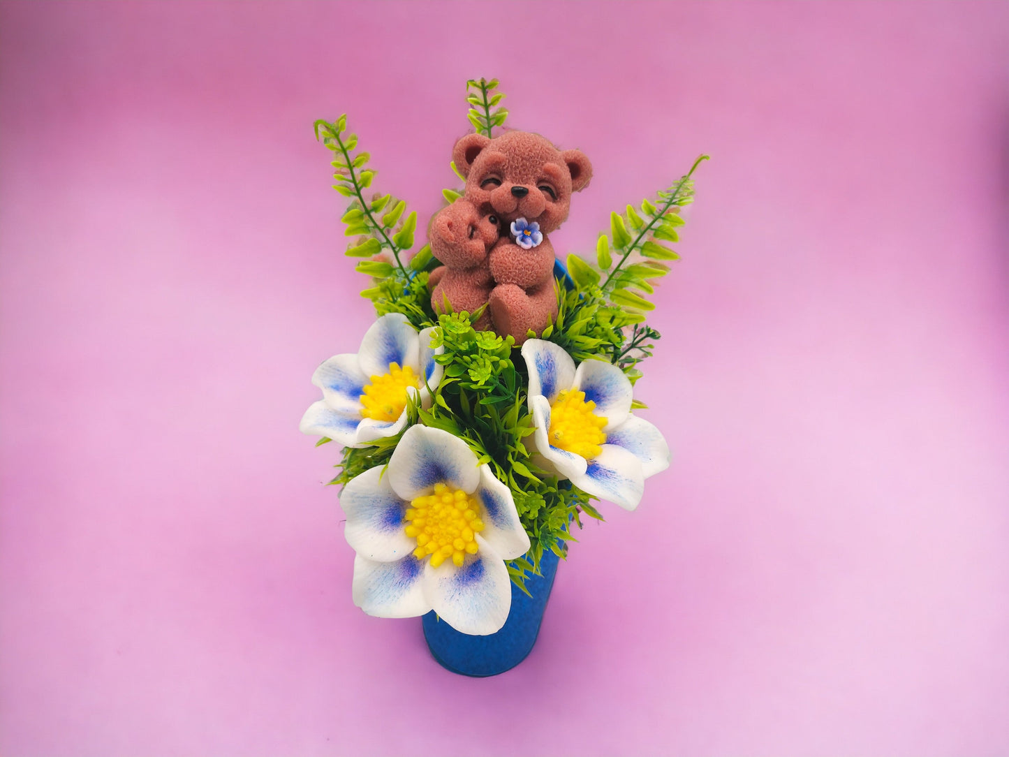 Light Blue Soap Bouquet Featuring a Bear Mom Embracing her Baby