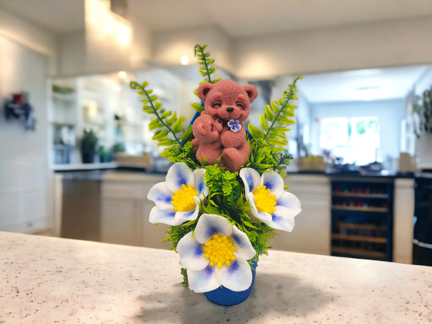 Light Blue Soap Bouquet Featuring a Bear Mom Embracing her Baby