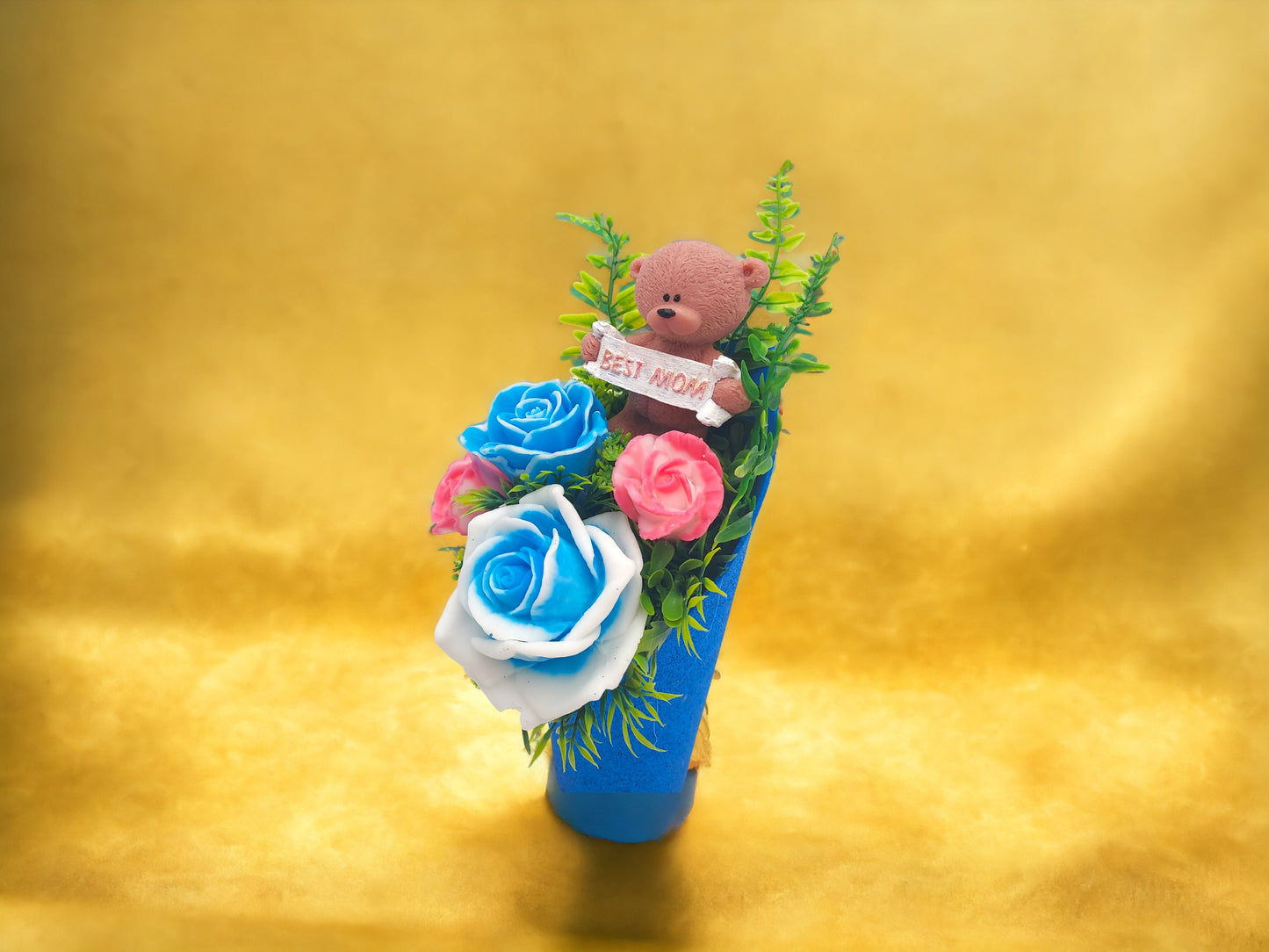 Blue and Pink Soap Bouquet with Bear Figure: Best Mom Sign