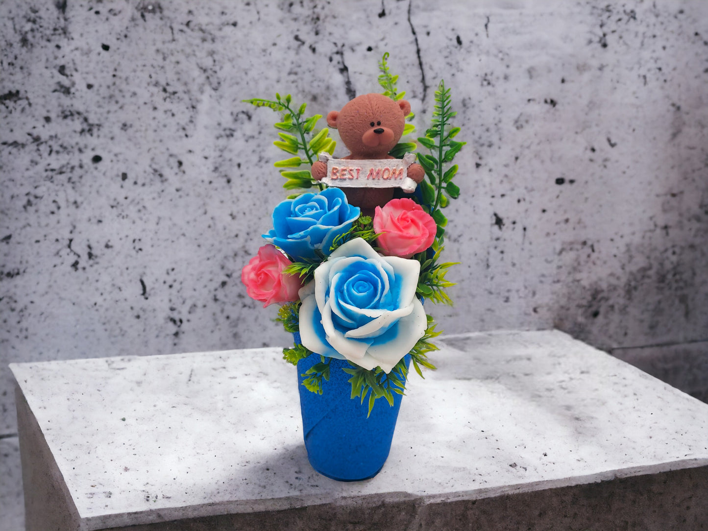 Blue and Pink Soap Bouquet with Bear Figure: Best Mom Sign