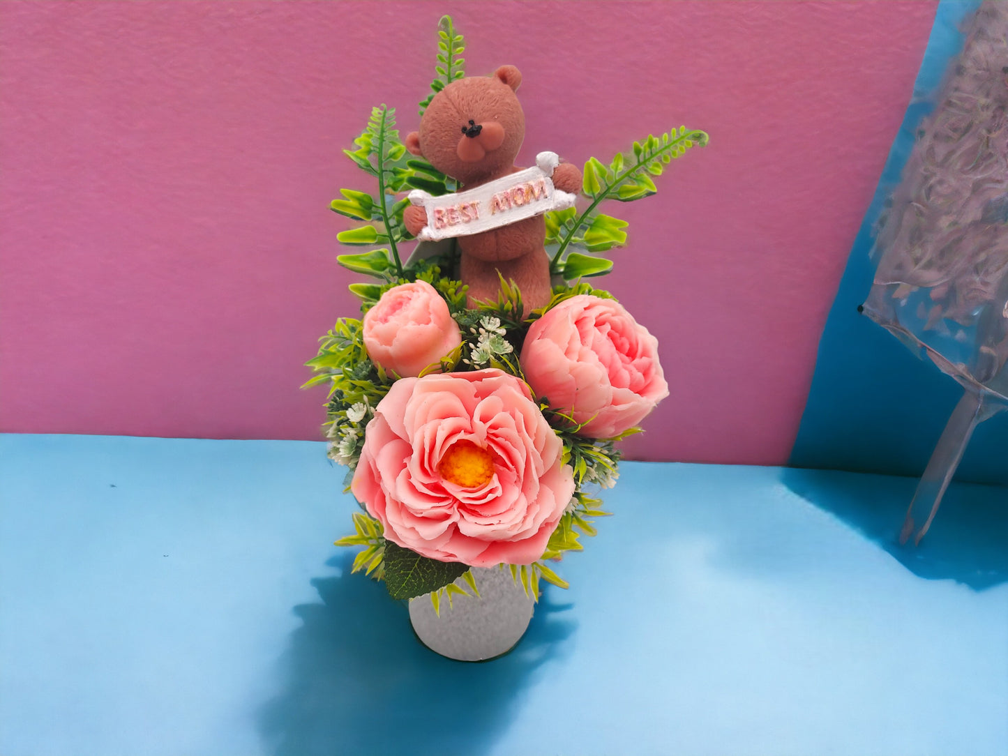 Pink Peonies Soap Bouquet with Bear Figure: Best Mom Sign