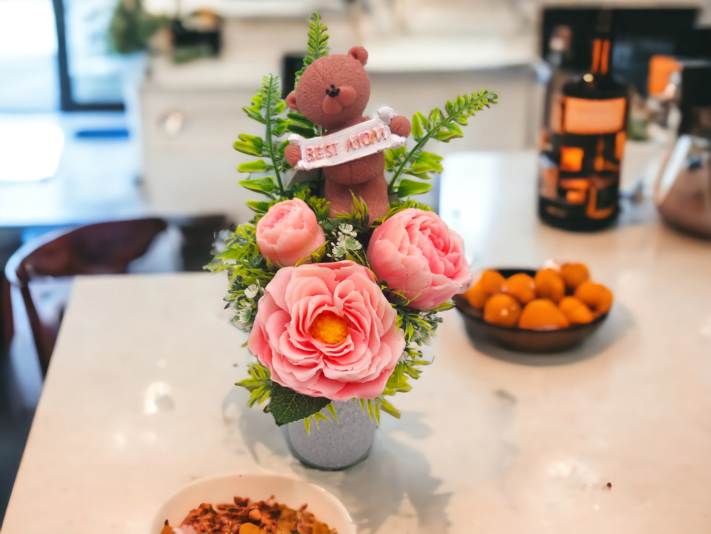 Pink Peonies Soap Bouquet with Bear Figure: Best Mom Sign