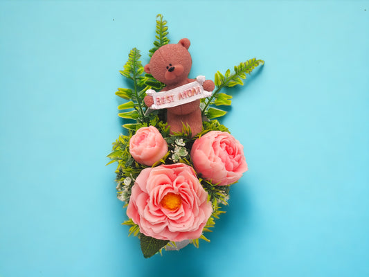 Pink Peonies Soap Bouquet with Bear Figure: Best Mom Sign