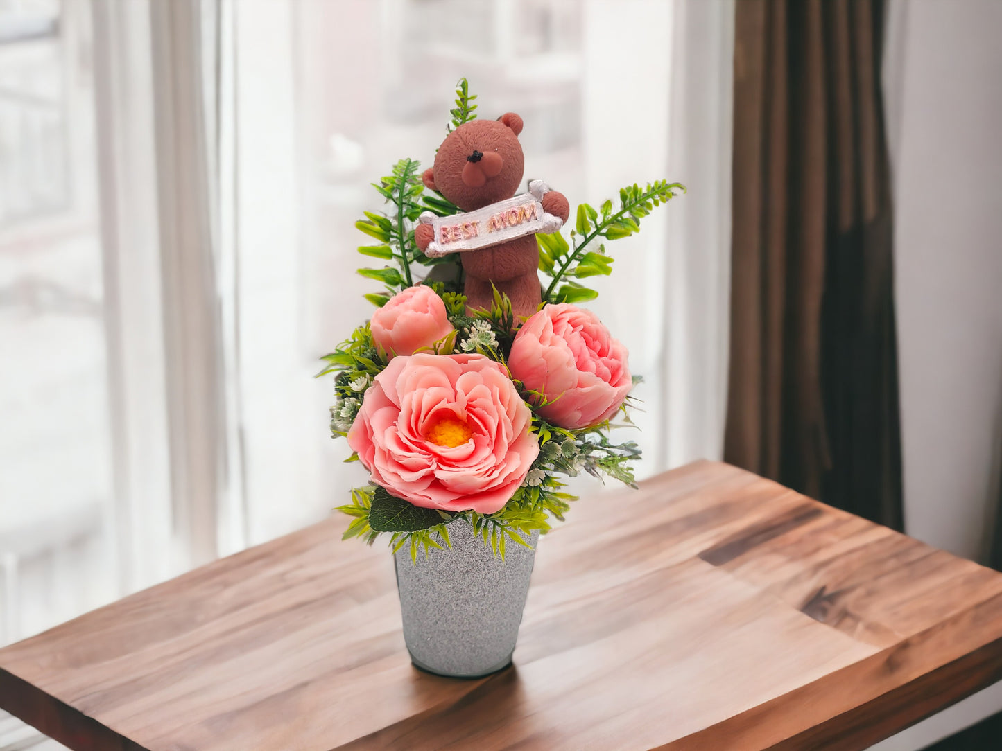 Pink Peonies Soap Bouquet with Bear Figure: Best Mom Sign