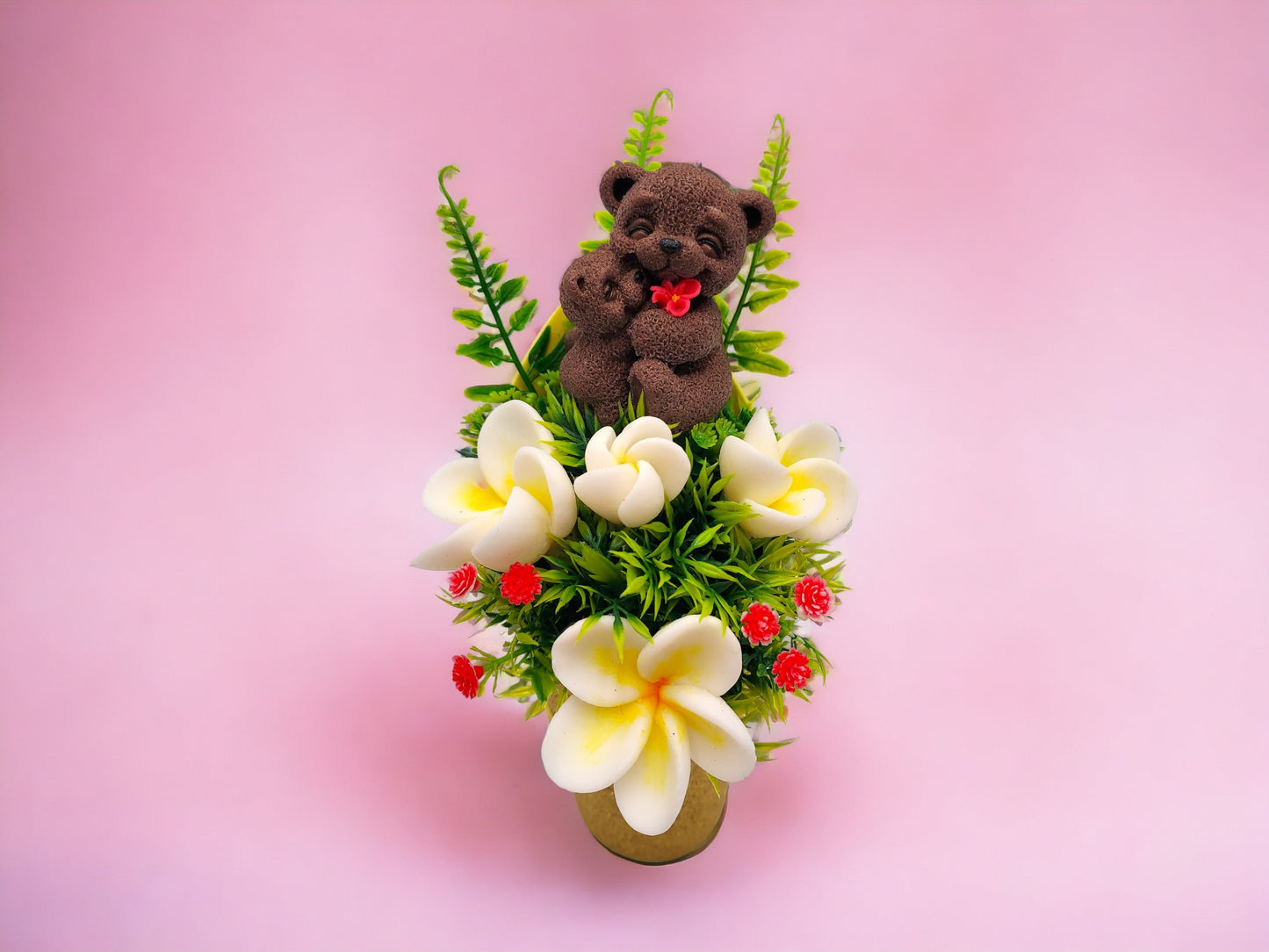 Yellow Soap Bouquet Featuring a Bear Mom Embracing her Baby