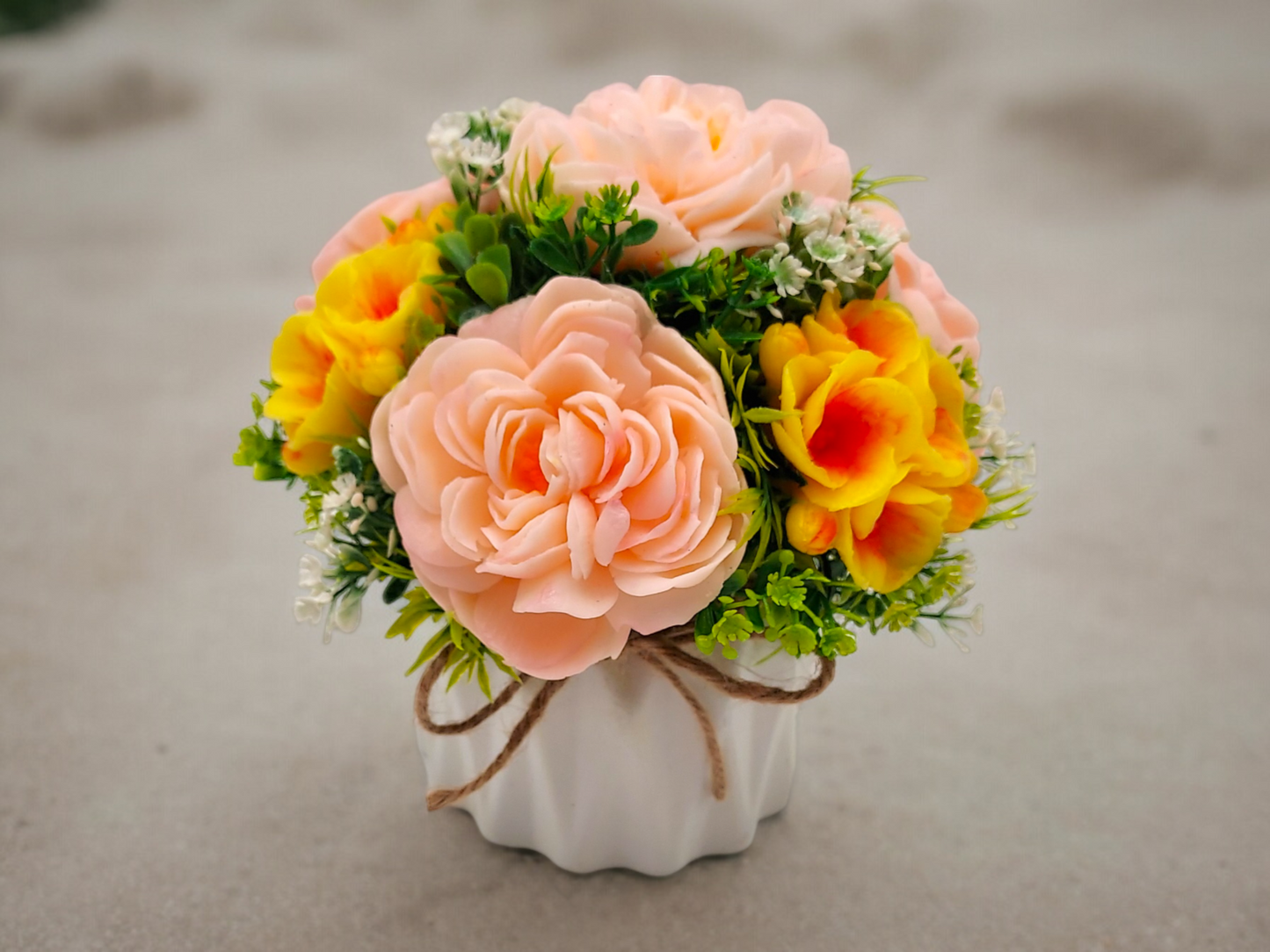 Sunset-Inspired Soap Flowers Bouquet with Peonies & Polyantha Roses