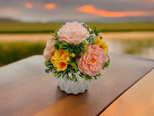 Sunset-Inspired Soap Flowers Bouquet with Peonies & Polyantha Roses