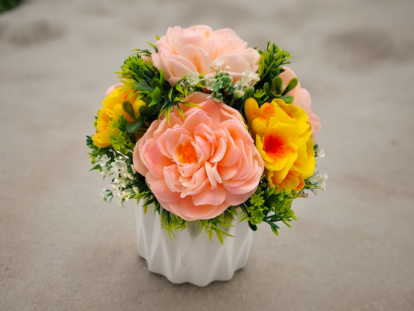 Sunset-Inspired Soap Flowers Bouquet with Peonies & Polyantha Roses