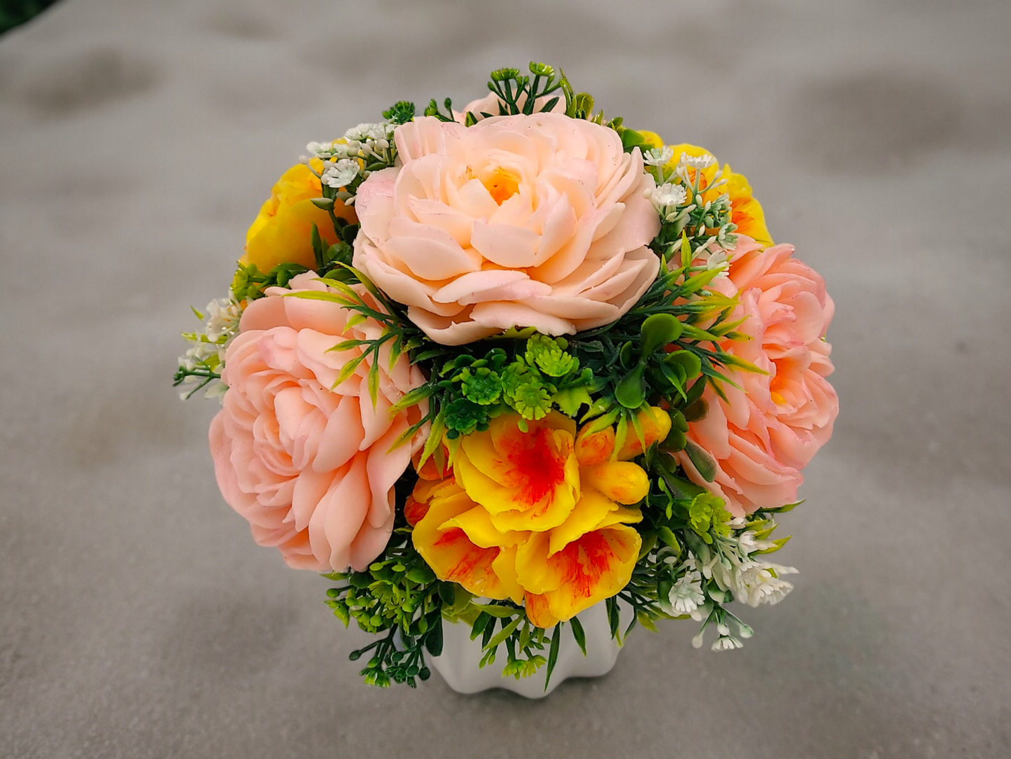 Sunset-Inspired Soap Flowers Bouquet with Peonies & Polyantha Roses