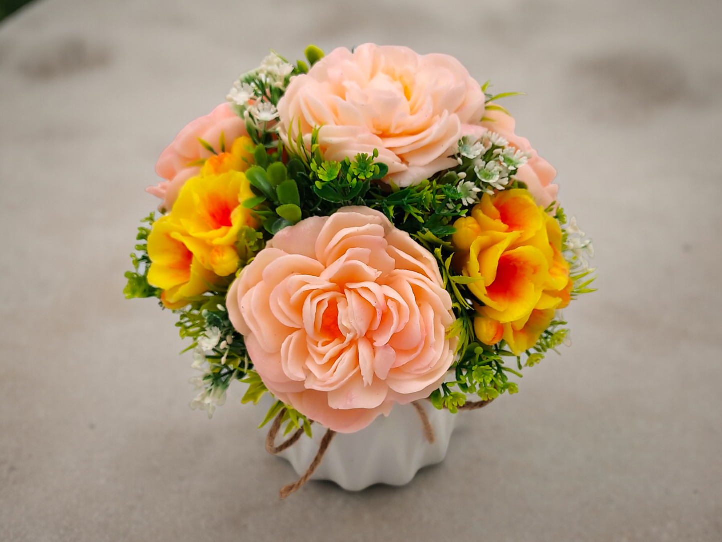 Sunset-Inspired Soap Flowers Bouquet with Peonies & Polyantha Roses