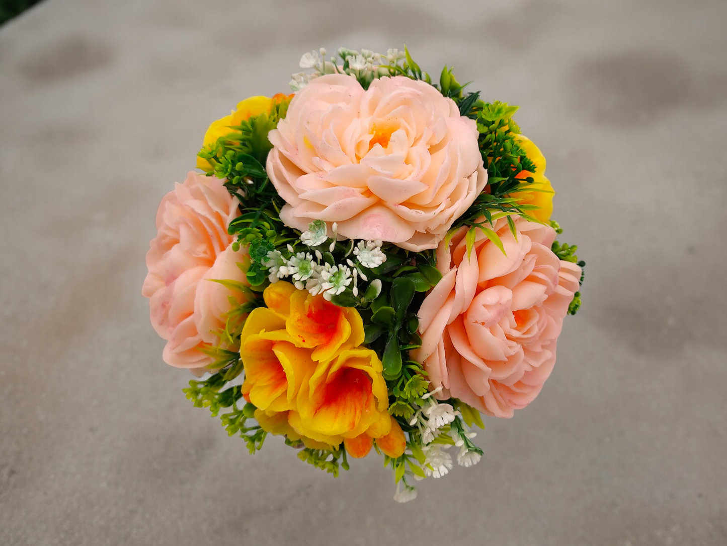 Sunset-Inspired Soap Flowers Bouquet with Peonies & Polyantha Roses