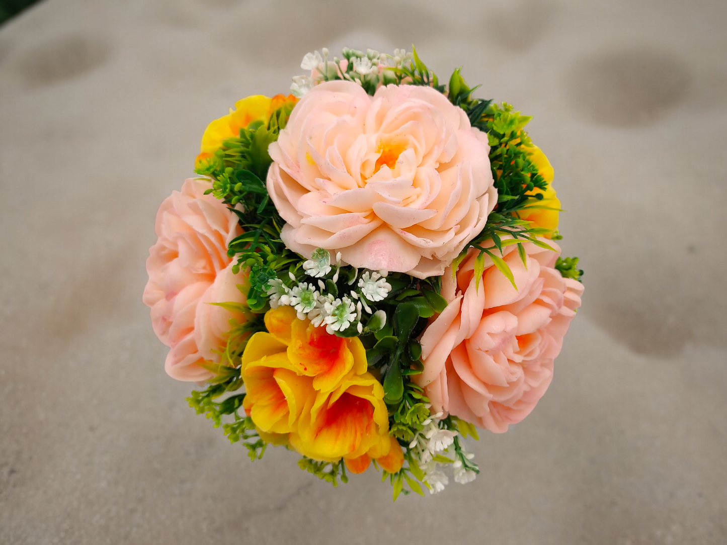 Sunset-Inspired Soap Flowers Bouquet with Peonies & Polyantha Roses