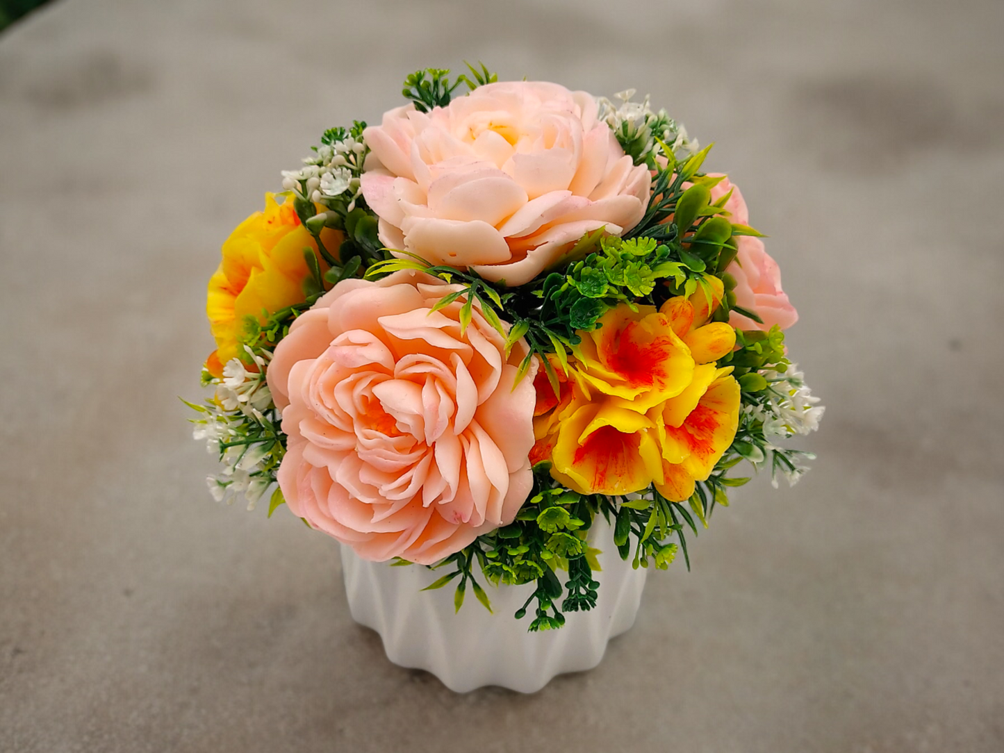 Sunset-Inspired Soap Flowers Bouquet with Peonies & Polyantha Roses