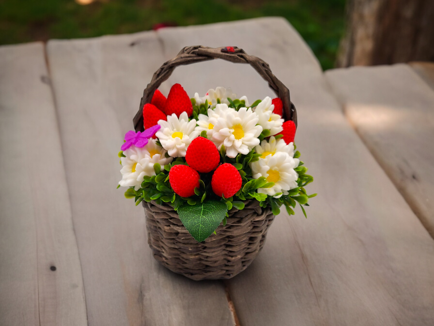 Chamomile & Strawberry Shaped Soap Bouquet in Wicker Basket