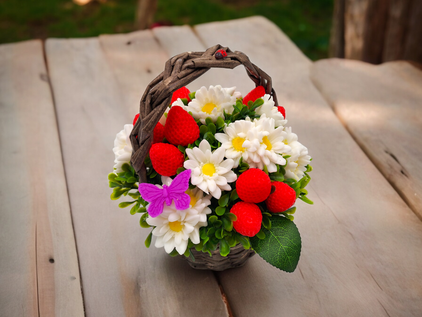 Chamomile & Strawberry Shaped Soap Bouquet in Wicker Basket