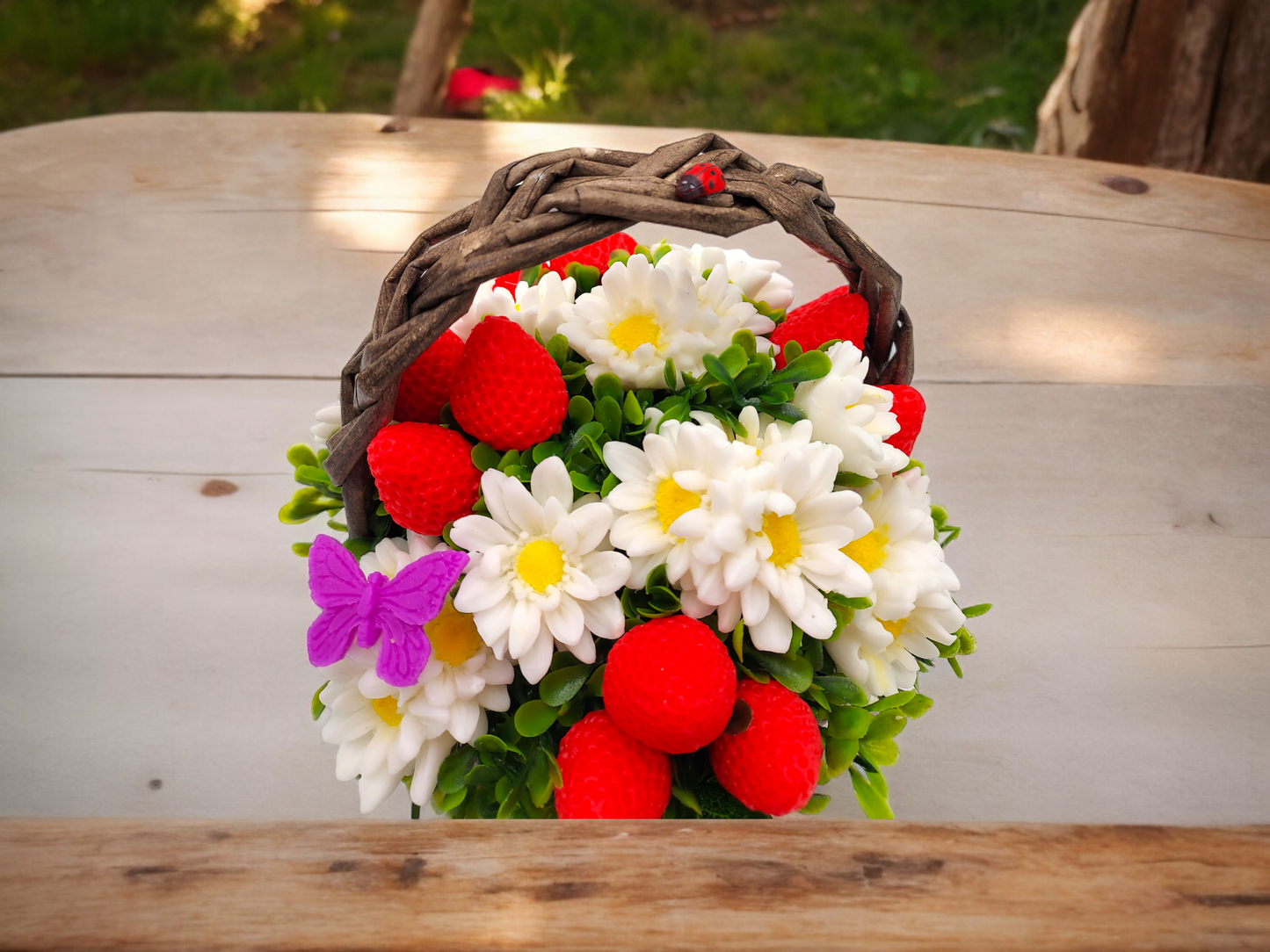 Chamomile & Strawberry Shaped Soap Bouquet in Wicker Basket