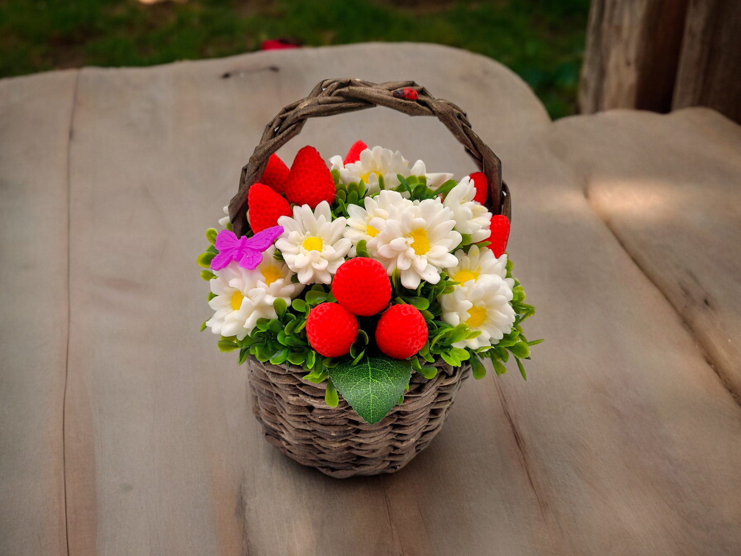 Chamomile & Strawberry Shaped Soap Bouquet in Wicker Basket