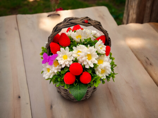 Chamomile & Strawberry Shaped Soap Bouquet in Wicker Basket