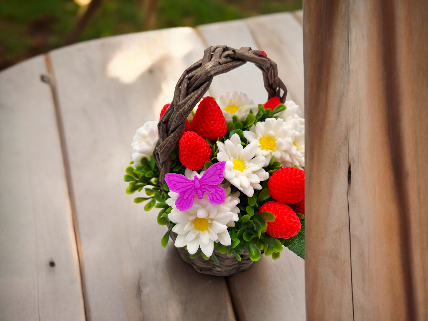 Chamomile & Strawberry Shaped Soap Bouquet in Wicker Basket