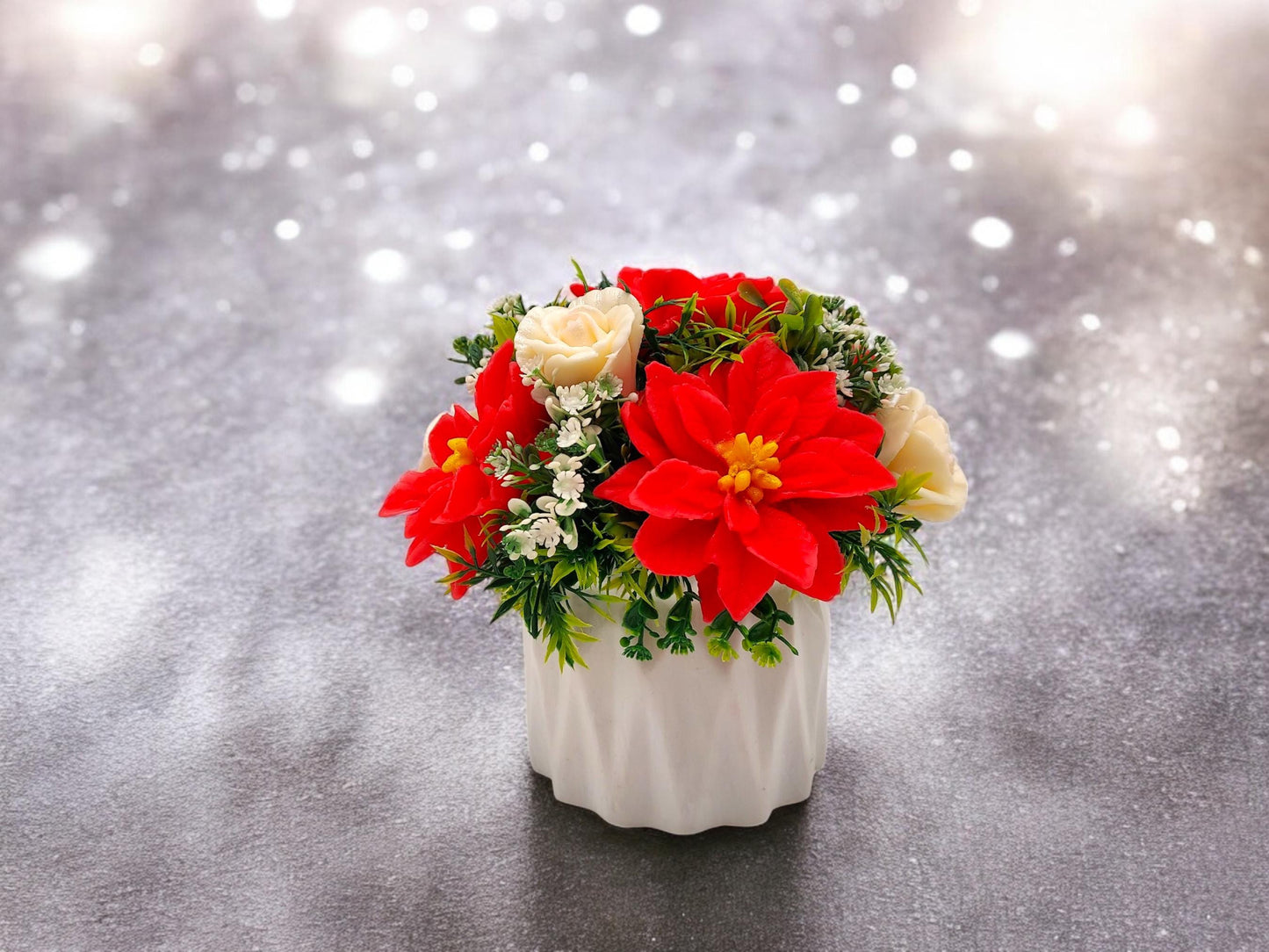 Christmas Poinsettia & White Roses, Unique Holiday Gift and Festive Décor