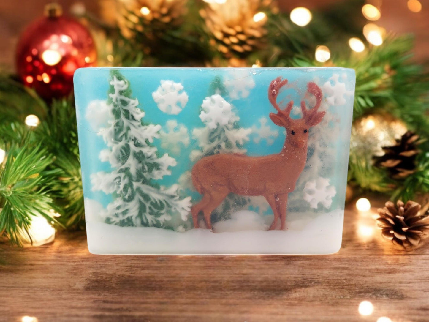 Christmas Handcrafted Soap Bar – Evergreen Tree & Deer in Snowy Forest