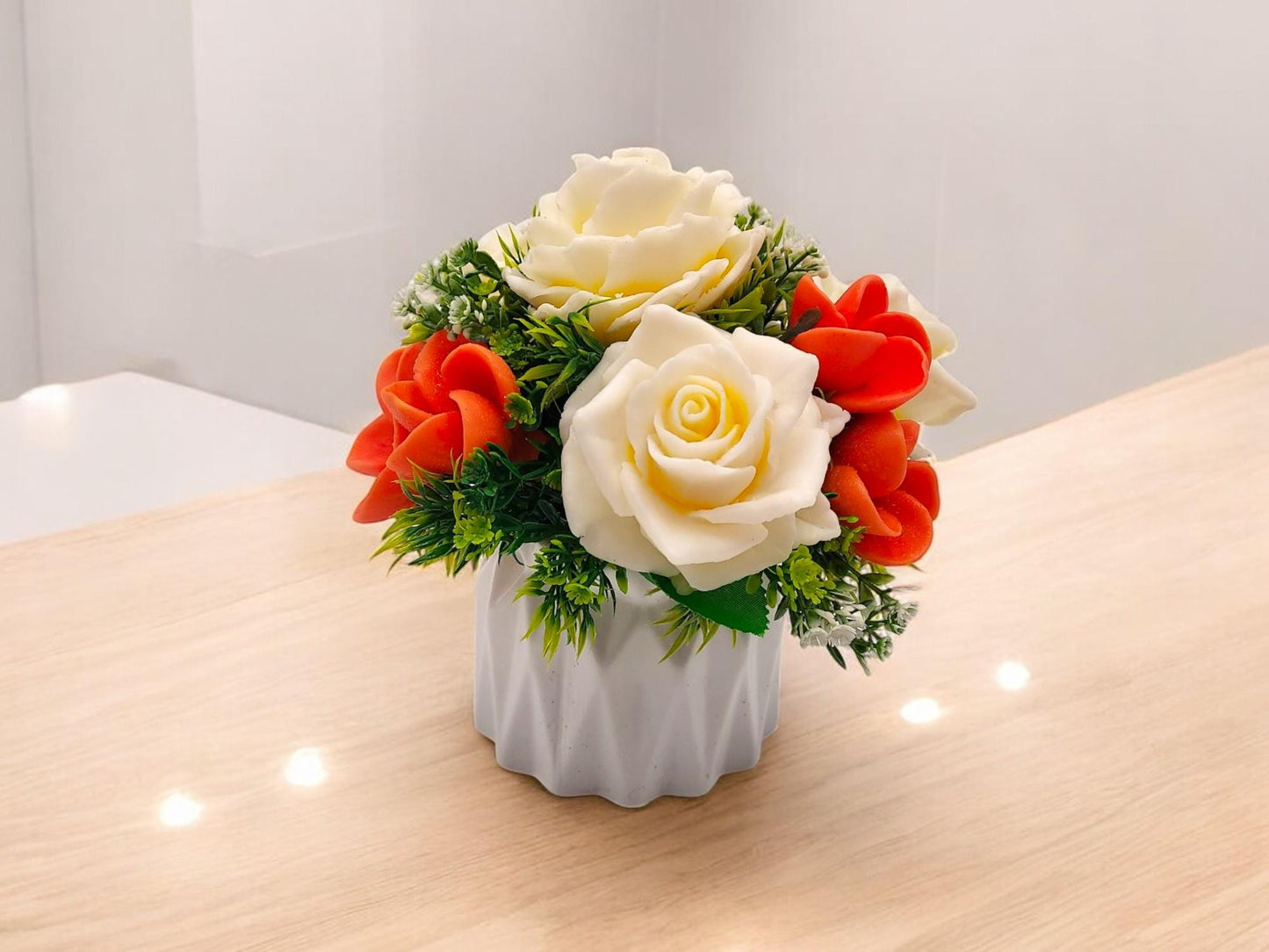 White Roses and Peach Plumeria Holiday Surprises, Luxurious & Unique