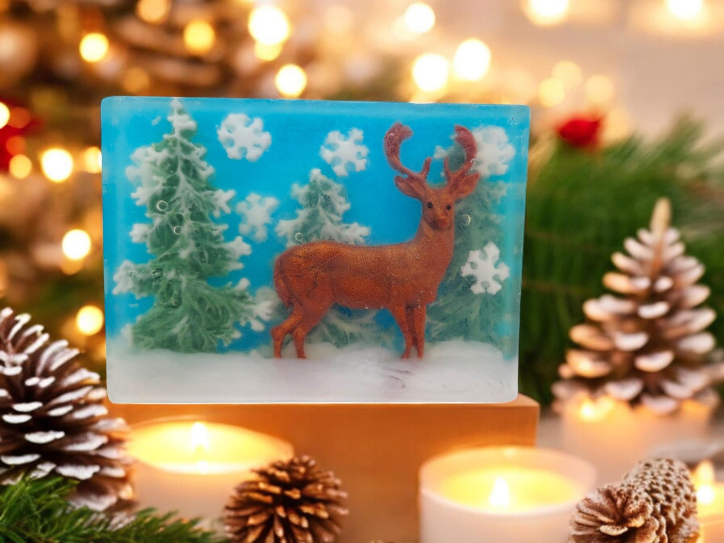 Christmas Handcrafted Soap Bar – Evergreen Tree & Deer in Snowy Forest