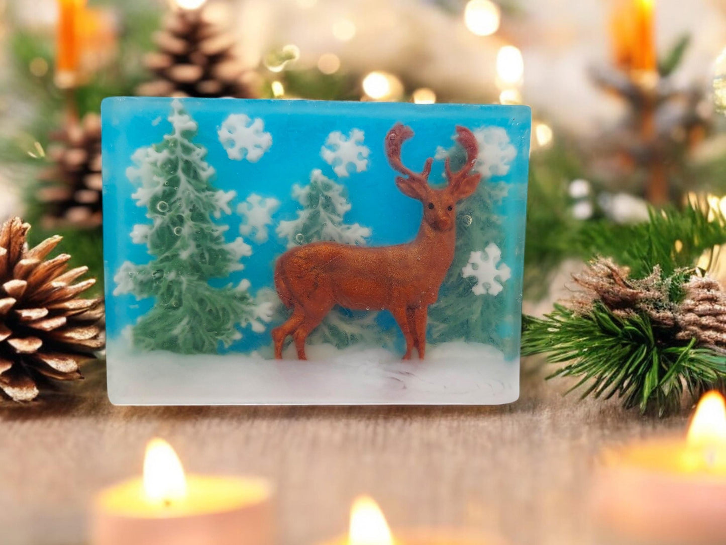 Christmas Handcrafted Soap Bar – Evergreen Tree & Deer in Snowy Forest