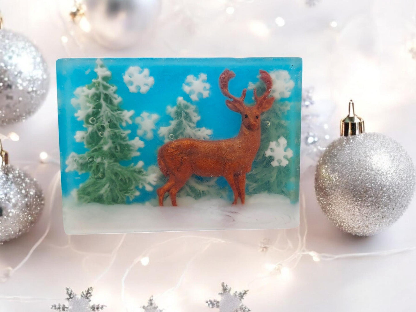 Christmas Handcrafted Soap Bar – Evergreen Tree & Deer in Snowy Forest