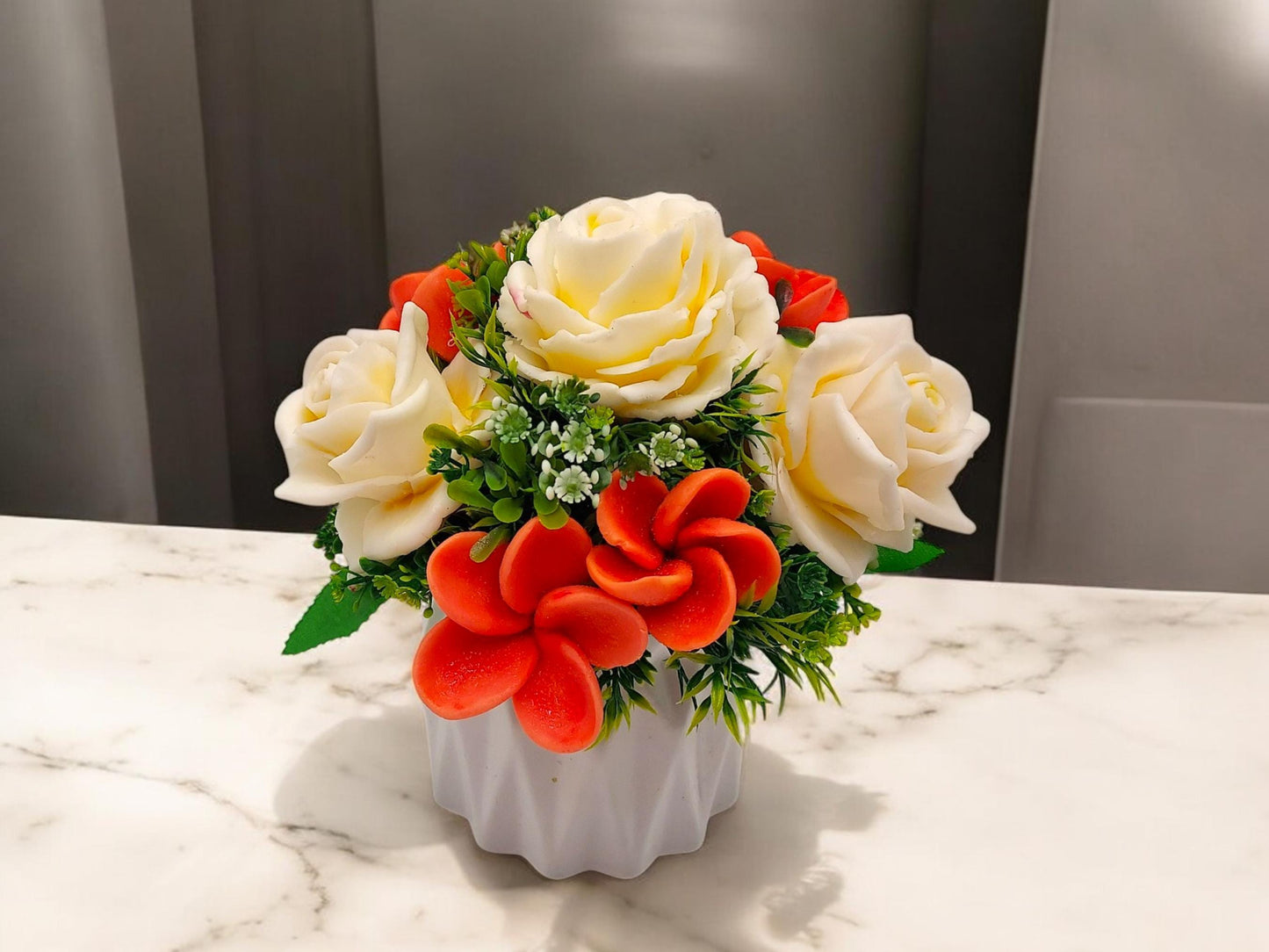 White Roses and Peach Plumeria Holiday Surprises, Luxurious & Unique