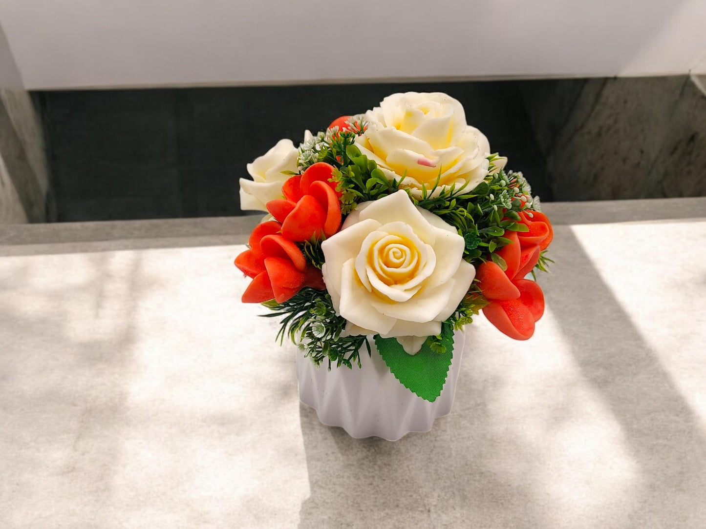 White Roses and Peach Plumeria Holiday Surprises, Luxurious & Unique